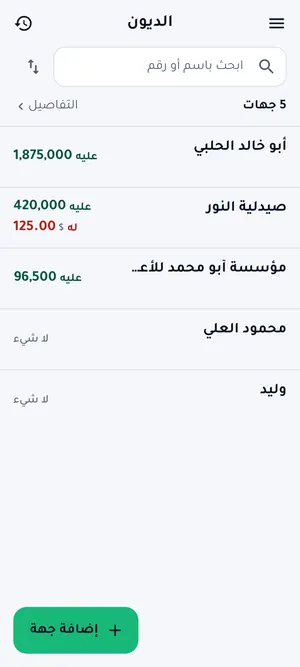 The tamemli home screen: a list of parties and what each one owes